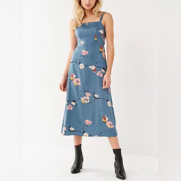 Urban Outfitters Blue Floral Layla Straight-Neck Tie-Back Midi Dress M - Picture 1 of 16